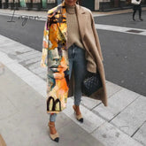 Ingvn - Casual Lapel Long Sleeve Blend Wool Coats Fashion Portrait Print Women Long Overcoat Winter Elegant Lady Cardigan Outerwear