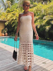 Strapless Off-shoulder Hollow Out Knit Maxi Dress For Women Gown Fashion Sleeveless Backless Beach Skinny Long Dress