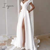 Ingvn - High Quality Elegant Casual Women's Dresses Sexy V-neck Side Slit Backless White Long Skirt Wedding Banquet Bridesmaid Dress Evening Gown