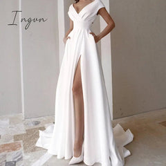 Ingvn - High Quality Elegant Casual Women's Dresses Sexy V-neck Side Slit Backless White Long Skirt Wedding Banquet Bridesmaid Dress Evening Gown