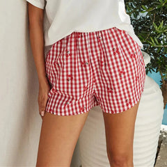 y2k Lounge Shorts Women Summer Cute Cherry Plaid Print Elastic Waistband Pajama Shorts 2000s Clothing Beach Streetwear