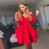 Ingvn - Spring Autumn Women Solid Long Sleeve Sexy Clubwear V-neck Off Shoulder Evening Party Dress Red Dresses For Woman Plus Size