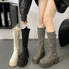 Ingvn Street Style Knee-High Women Boots Fashion Platform Square Heels Shoes Female Knight Long Booties Zapatos De Mujer
