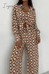 Ingvn - Casual Geometric Print Buttons Turndown Collar Long Sleeve Two Pieces