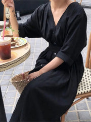 Ingvn - Dress Women Spring Autumn 2023 Korean Fashion Trendy Loose Fitting Long Sleeved Solid Pleated Linen Shirt Dress Female Clothing