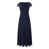 New Women Navy Blue Floral Print Mesh A-line Midi Dress High Waist V Neck Short Sleeve Summer Dresses Vintage Robe
