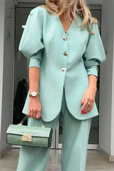 Ingvn - Elegant Solid Buttons V Neck Long Sleeve Two Pieces
