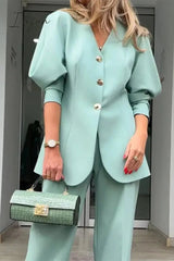 Ingvn - Elegant Solid Buttons V Neck Long Sleeve Two Pieces