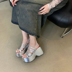 Ingvn Silver Wedge Sandals Women Platform Shoes Black Belt High Heels Gladiator Chunky Heeled Summer Wedges Zapatos De Mujer