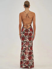 Spaghetti Strap Backless Print Dress For Women Fashion Deep V Neck Sleeveless Lace Up Bodycon Printed Sexy Long Dress