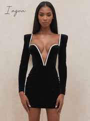Ingvn - Long Sleeve Sexy Deep V Neck Wired Diamante Crystal Padded Should Bodycon Outfits Women Winter Velvet Party Dress