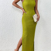 Elegant One-Shoulder Polyester Knit Dress with Side Slit - Stretch Fit Solid Color Gown for Women with Ruched Detail, Perfect for Fall Season