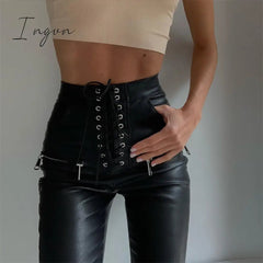 Ingvn - Leather Pant Faux PU Pencil Pant Lace Up High Waist Bandage Slim Skinny Zipper Streetwear Autumn Casual Trousers Women