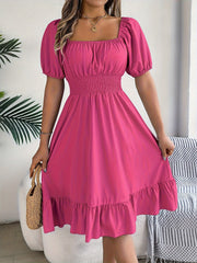 Solid Puff Sleeve Square Neck Waist Dress, Elegant Ruched Bust Ruffle Hem Dress, Women's Clothing Wedding graduation engagement occasion ceremony party holiday vacation birthday