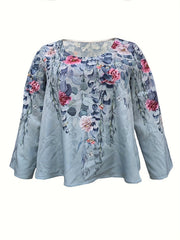 Plus Size Casual Outfits Set, Women's Plus Floral Print Long Sleeve Round Neck Top & Wide Leg Pants Outfits Two Piece Set