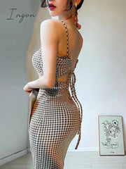 Ingvn - Women's Dresses Party Sexy Dresses Elegant Summer Women's Houndstooth Print Tight Bandage Dresses Club Gala Party Long Dres