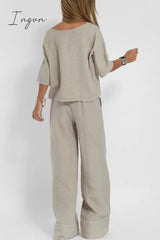 Ingvn - Casual Simplicity Solid Pocket O Neck Three Quarter Two Pieces