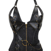 Plus Size Gothic Floral Jacquard Corset Body Shaper - Firm Tummy Control, Adjustable Lace-Up & Chain Decor - Silhouette-Sculpting Zipper Shaper for Women