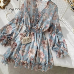 Ingvn - Mothers Day Gifts new fashion women's French dress female temperament V-neck long-sleeved chiffon floral dresses