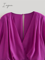Ingvn - Flare Sleeve Solid Purple V Neck Long Dresses A-line Elegant High Waisted Loose Midi Dress 2023 Woman Casual Ladies Vestidos