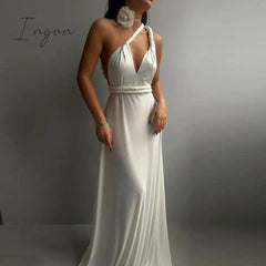 Ingvn - Elegant Women Backless Deep V-neck Summer Sundress Solid Cocktail Female Dress Sexy Draped Twisted Sling Off Shoulder Dresses