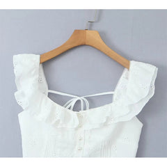 Women Hollow Out Embroidery White Tank Top Lace Trim Flying Sleeve Female Summer Crop Top Holiday