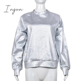 Ingvn - Women O Neck Long Sleeve Metallic Silver Pullovers Coat Sexy Casual PU Sweatshirt 2023 Spring Fall Nightclub Fairy Grunge Clothes