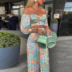 Ingvn - Women Fashion Two Piece Sets Print Suits Summer Beach Streetwear Autumn 2 Piece SetsTops +Elegant Long Pants