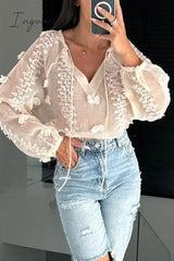 Ingvn - Sexy Jacquard Solid Color Lace Up See-Through V Neck Tops