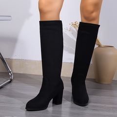 Women's Knee-High Boots , Elegant Solid Color, Stretchy Thigh-High Heels, Chunky Sole, Velvet Fabric, Fabric Lining, Rubber Sole, No Print, High Heel, Slip-On, Regular Toe Design, Winter Fashion
