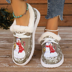 Snowman Pattern Canvas Shoes - Lightweight, Low-Top, Plush Lined, Casual Lace-Up Sneakers for Women - Perfect for Outdoor Activities, Christmas Gift Idea, Comfortable and Breathable