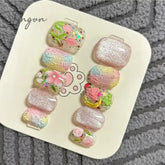 10Pcs Handmade Manicure Short Coffin Fake Nails Cute Limited Nails Press On Nails Design with Adhesive Nail File Set