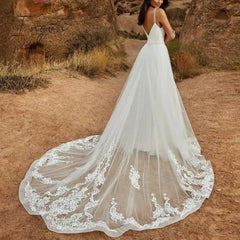 Ingvn - 2 In 1 Wedding Jumpsuit With Detachable Skirt Two Pieces Bridal Dresses Pants Suit For Women Lace Tulle V-Neck Sweep Train Gowns