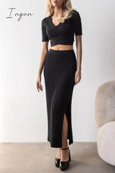 Ingvn - Elegant Solid Slit V Neck Short Sleeve Two Pieces