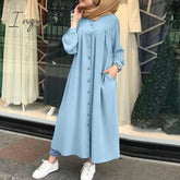 Ingvn - Plus Size Muslim Dresses Woman Shirt Dress Long Sleeve Maxi Vestidos Female Button Robe High Wasit Solid Sundress