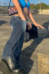 Ingvn - Street Patchwork Pocket Boot Cut High Waist Bottoms