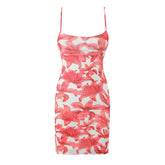 Sexy Women Floral Print Sling Mesh Dresses Thin Straps Skinny Slim Waist Hem Slit Bodycon Mini Dress Summer Robe