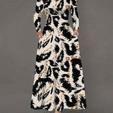Stylish Women's Long Sleeve Maxi Dress with Pockets - Elegant Leopard Print, Crew Neck, Stretchy Polyester Blend for Fall/Winter