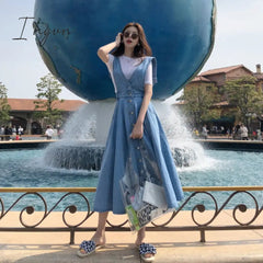 Ingvn - New Denim Dress Women Fashion Solid V Neck Sleeveless Backless With Button Pocket Mid Calf Cotton Strap Dress Office Lady