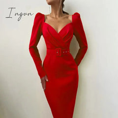 Ingvn - InstaHot Elegant Party Women Dress Slim V Neck Long Sleeve Mid Calf Pencil Dress Casual Office Lady Solid Red Puff Sleeve