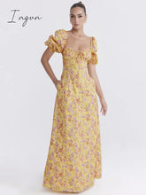 Ingvn - Elegant Puff Sleeve Loose Maxi Dress Women Gown Square Collar Backless A-line Lace-up French Retro Sexy Long Dress