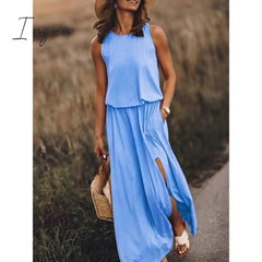 Ingvn - Summer New Oversized Casual Fashion Solid Slit Dress Ladies Sleeveless Loose Robe Dresses Women Round Neck Vestidos De Fiesta