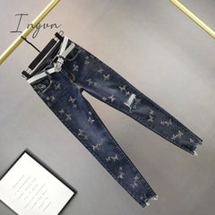 Ingvn - Hot Sales High Waist Jeans Women Beading Butterfly Fashion Ripped Jeans Casual Plus size Stretch Jeans Female Washed Denim Pencil Pants