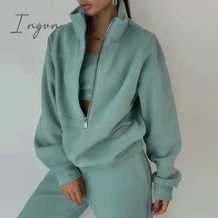 Ingvn - Women Fleece Two Piece Set Spring Winter Sports Warm Suit Casual Oversized Polo Zipper Sweatshirts And Trouser Tracksuits Set