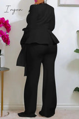 Ingvn - Black Casual Patchwork Hot Drill V Neck Plus Size Two Pieces