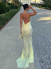 Sexy Sequin Halter Backless Shiny Long Dress Women's Sleeveless V Neck Chic Glitter Dresses Party Evening Vacation Holiday
