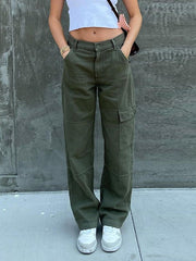 Wide Leg One Side Square Pocket Cargo Pants, Denim Loose Baggy Fit Straight Legs Trousers, Y2K Kpop Vintage Style Women's Jeans