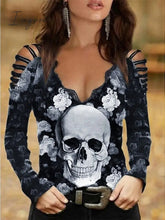 Ingvn - Women's Going Out Tops Burgundy Tee Blouse Halloween Shirt Black Wine Blue Floral Skull Cut Out Print Long Sleeve Halloween Casual Weekend Basic Off Shoulder V Neck Regular Fit Floral Painting Cold