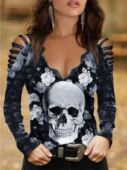 Ingvn - Women's Going Out Tops Burgundy Tee Blouse Halloween Shirt Black Wine Blue Floral Skull Cut Out Print Long Sleeve Halloween Casual Weekend Basic Off Shoulder V Neck Regular Fit Floral Painting Cold