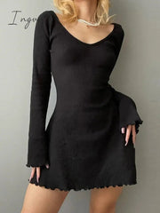 Ingvn - Knitting Elegant Dress For Women Spring Fall Solid Color V Neck Office Lady Irregular Hem Simple Basic Slim Dresses
